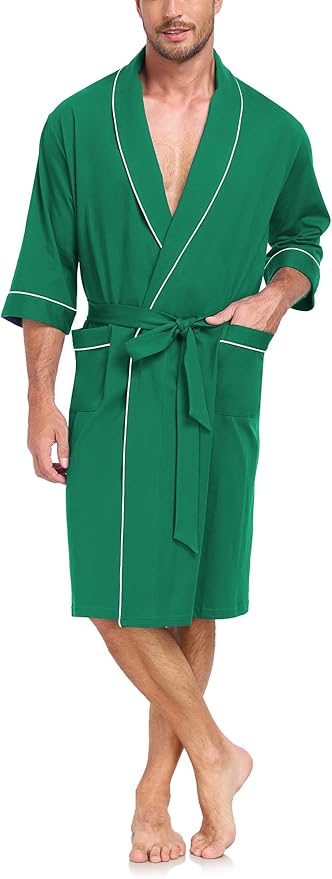 COLORFULLEAF 100% Cotton Men’s Summer Bathrobe Lightweight & Breathable Short Sleeve Kimono Robe with Pockets