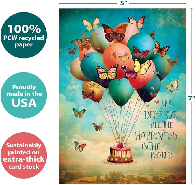 Tree-Free Greetings - Birthday Card - Artful Designs - 1 Card + Matching Envelope - Made in USA - 100% Recycled Paper - 5 x 7 - Happiness Balloons (GO69860)