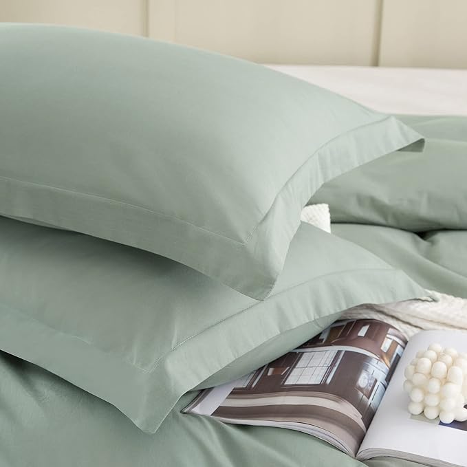 EMME 100% Washed Cotton Duvet Cover Twin Size Sage Green, 2-Piece Soft Comforter Cover Linen Like Bedding Set, No Comforter, 68x90 Inches (Sage Green, Twin)