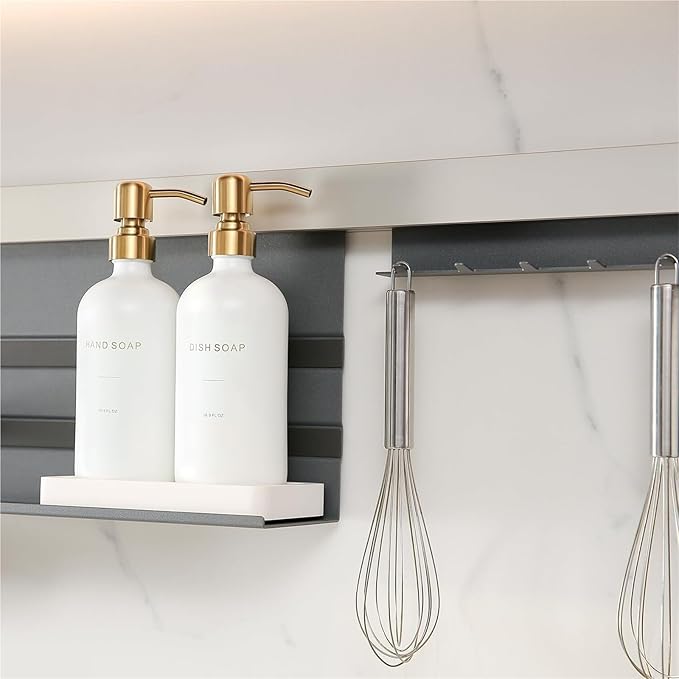 Liquid Dispenser Soap Dispenser Set Glass with Stainless Steel Pump Countertop Soap Bottle(White Bottle+Gold Pump)