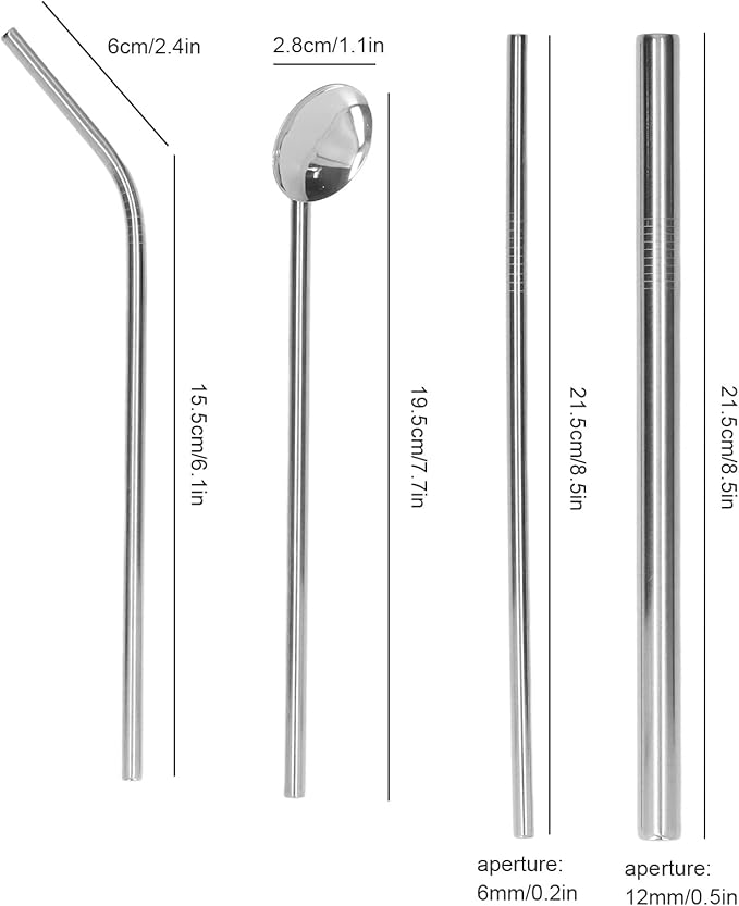 Reusable Stainless Steel Drinking Straws Set, Metal Straws Free Dishwasher Safe with 2 Brushes, Ideal for Cocktails Parties Picnics (Silver)