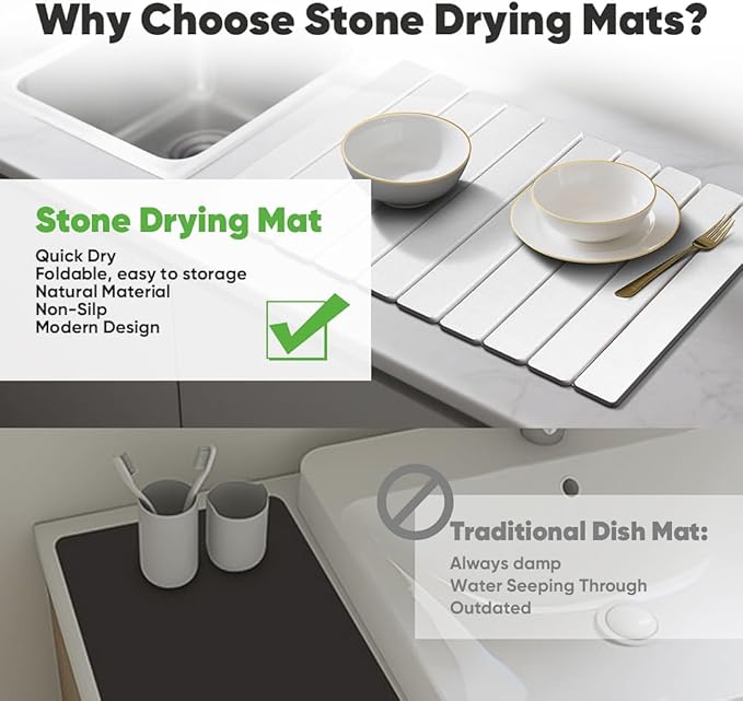 Stone Drying Mat for Kitchen Counter, Quick Diatomaceous Earth Mats for Dishes, 24"L x 16" W Super Absorbent Fast-Drying Collapsible Countertop Stone Mat (White, 24" x 16")