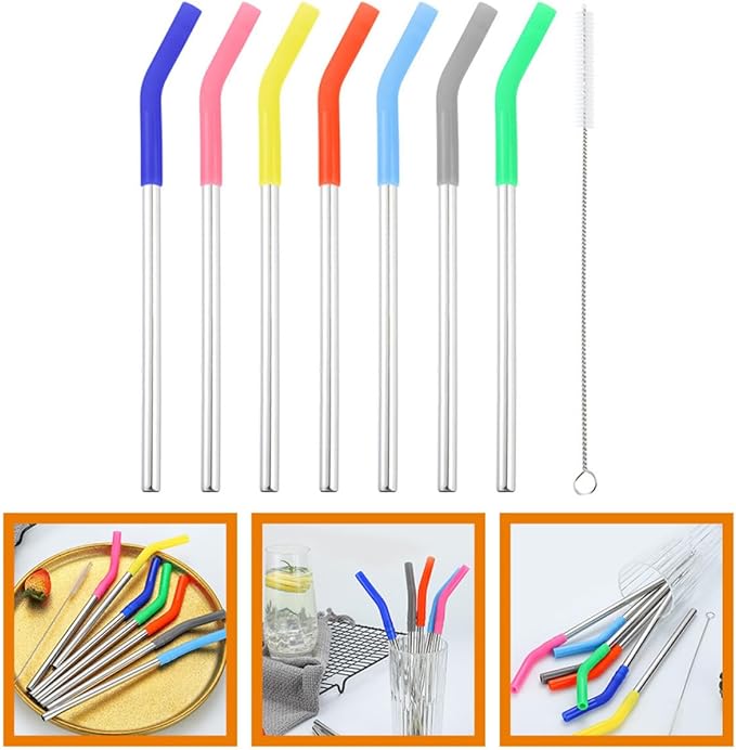 ABOOFAN Stainless Steel Drinking Straws with Silicone Tips and Cleaning Brush, 8pcs Mixed Color Reusable Beverage Straws Set for Party Drinks and Smoothies