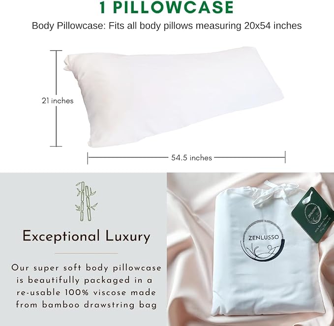 Pillowcases 100% Viscose Made from Bamboo Pillow Cases, Cooling, Luxuriously Soft, Envelope Closure, 300 Thread Count (White, Body 20"x54")