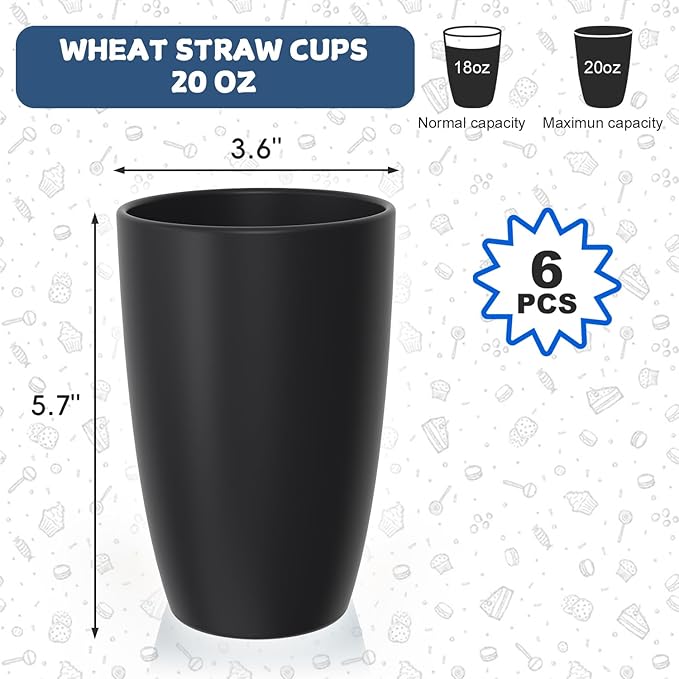 Wheat Straw Large Cup Set of 6, Unbreakable 20 OZ Tumbler, Alternative to Plastic Reusable Cups for Kitchen & Outdoor, Stackable Drinking Glasses, Dishwasher Safe Cup Set, Black