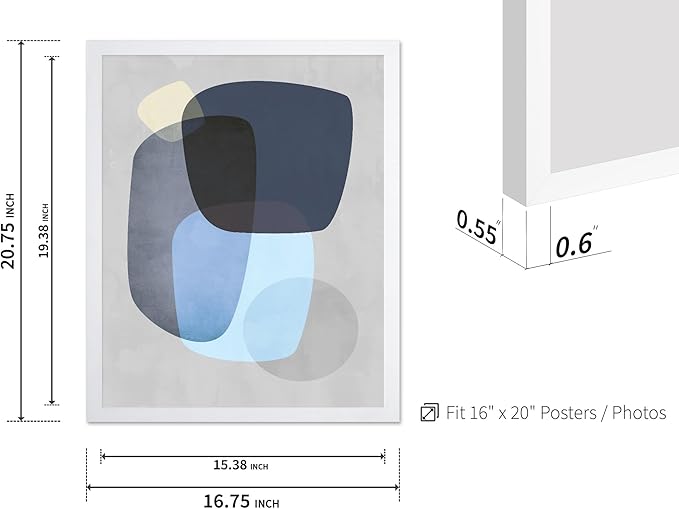 Monem Art Abstract Blue Shapes Print - Scandinavian Minimalist Art Poster - Wall Decor for Living Room, Bedroom or Office - 16x20 White Framed Wall Art by Mareike Bohmer