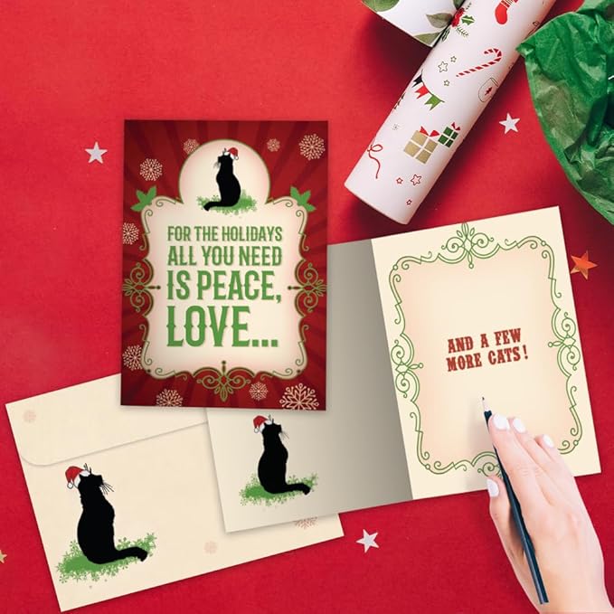 Tree-Free Greetings - Season's Greeting Cards - Artful Designs - 10 Cards + Matching Envelopes - Made in USA - 100% Recycled Paper - 5 x 7 - More Cats (HB93018)