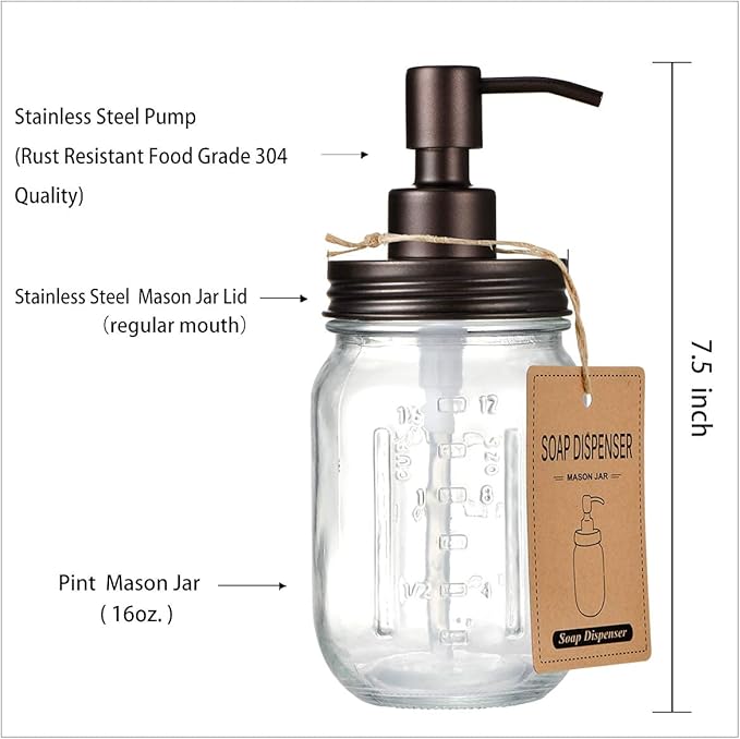 Amolliar Mason Jar Liquid Soap Dispenser, 16OZ Stainless Steel Pump Lid & Waterproof Stickers, Refillable Hand Soap, Dish Soap Dispenser for Kitchen, Bathroom Accessories Set, Farmhouse Decor, Bronze