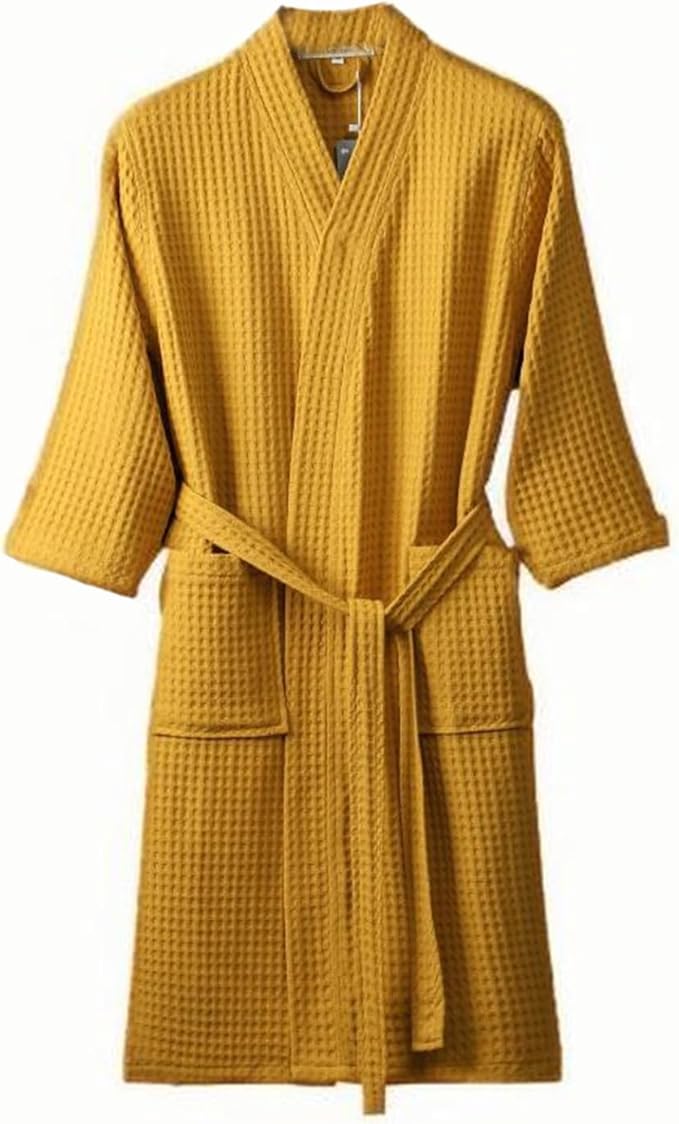Waffle Bathrobe for Men Women, 100% Cotton Kimono Robes with Pockets & Belt, Soft Absorbent Knee-Length Robe for Bath Spa