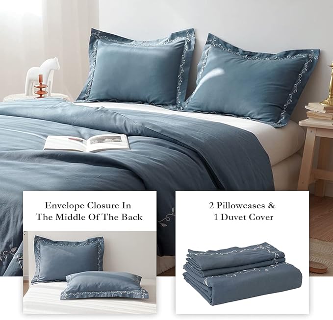 BISELINA French Linen Duvet Cover Set 3pcs Embroidered Willow Leaf 55% Flax 45% Cotton Blend Soft Breathable Luxury Bedding (King, Embroidery Navy Blue)