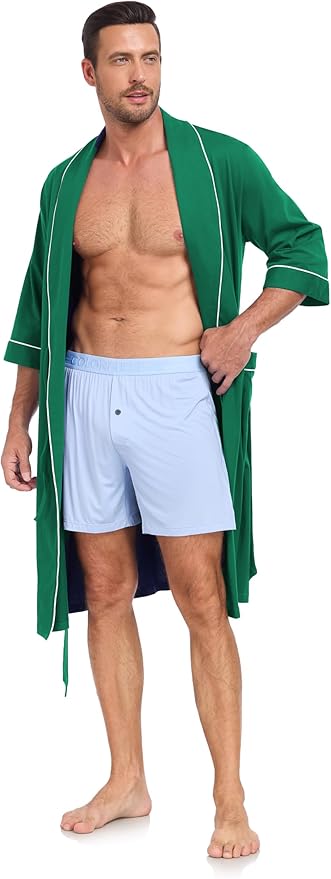 COLORFULLEAF 100% Cotton Men’s Summer Bathrobe Lightweight & Breathable Short Sleeve Kimono Robe with Pockets