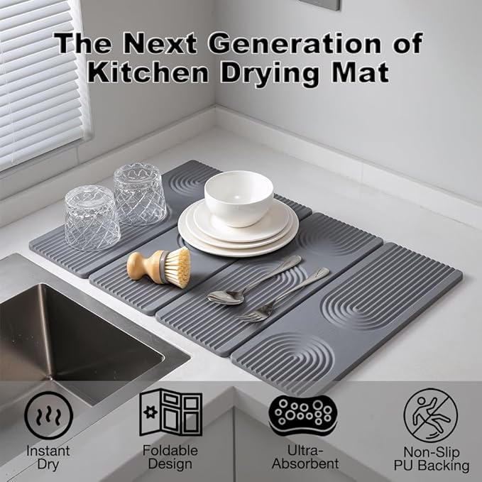 23.6"×15.7" Diatomaceous Earth Stone Dish Drying Mat, Foldable Super Absorbent Quick Dry Non-Slip Eco-Friendly Pad for Kitchen Counter, Dishes, Cups, Bottles & Utensils, Light Gray