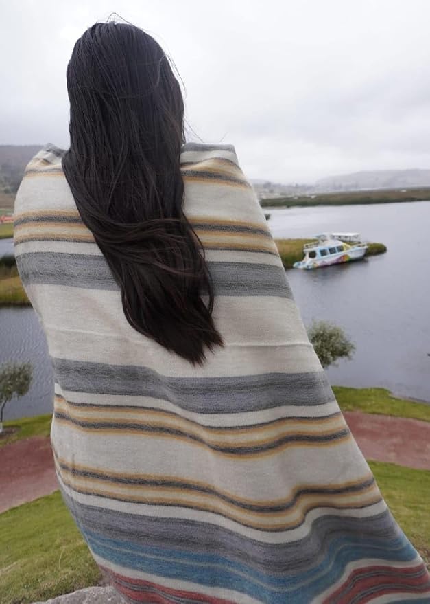 Alpaca Wool Throw Blanket, Beige Striped, 65 x 48 | Ultra-Soft, Naturally Warm, Lightweight, Breathable, Non-Itchy