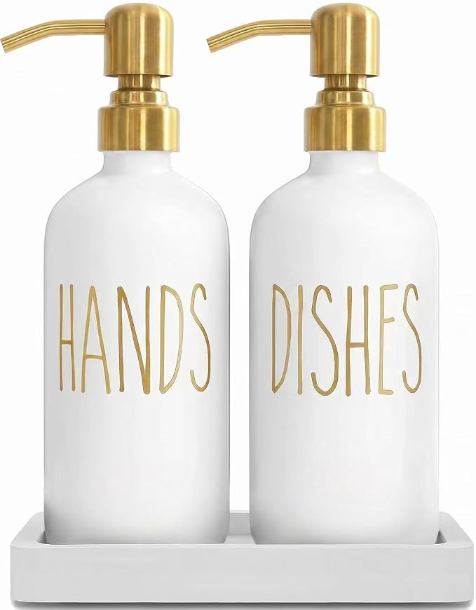 MOMEEMO Kitchen Soap Dispenser Set, Contains Dish Soap Bottle and Hand Soap Bottle with Ceramic Tray, Suitable for Kitchen Decor and Accessories. (Gold)