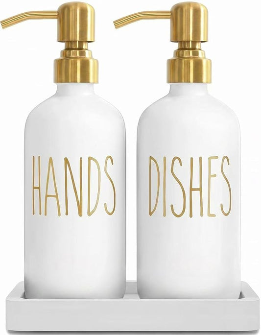MOMEEMO Kitchen Soap Dispenser Set, Contains Dish Soap Bottle and Hand Soap Bottle with Ceramic Tray, Suitable for Kitchen Decor and Accessories. (Gold)