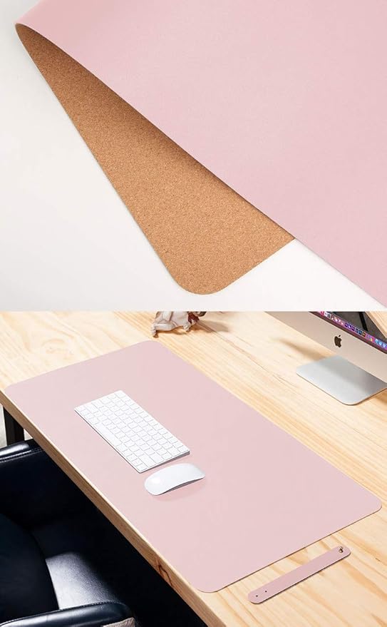 Ruby Lil Natural Cork & Leather Desk Writing Mat, Dual Use Desk Matt for Desktop,Multifunctional Office Desk Pad, PU Leather Mouse Pad,Pink,47"x 24"