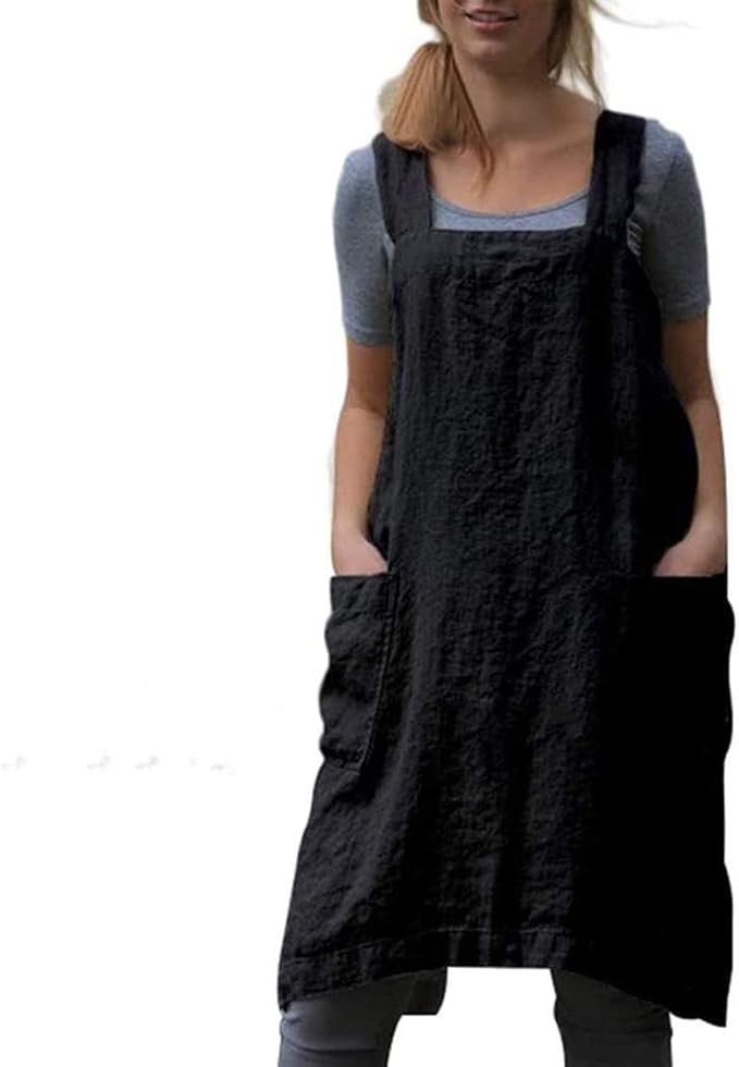 VLZUFE Cotton Linen Apron for women Cross Back Apron Pinafore Dress for Baking Cooking Gardening Work