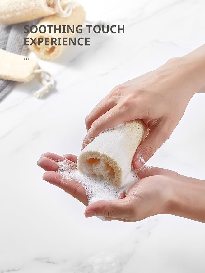 Reemix Natural Loofah Exfoliating Body Scrubber 4-Piece Long Cylinder Set - Large Home & Shower Sponge for Face & Body, Eco-Friendly Bath Tool for Gentle Exfoliation, Spa-Like Experience at Home