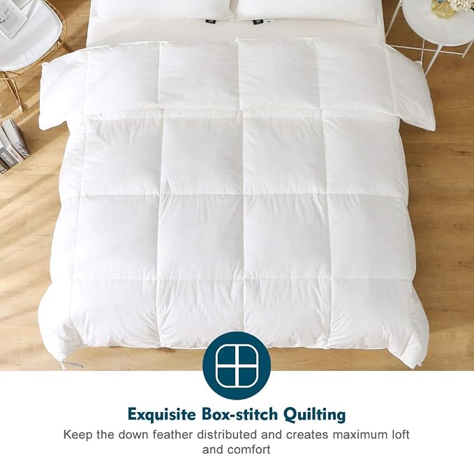 Feathers Down Comforter Twin - 100% Organic Cotton Quilted Medium Warm All Seasons Duvet Insert or Stand-Alone Comforter (68x90, Ivory White)