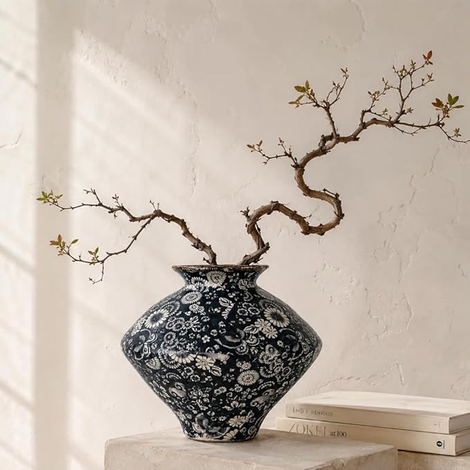 Wabi Sabi Vase, Navy Blue Botanical Ceramic Vase for Home Decor, Large Blue and White Vintage Vase for Dining Table Coffee Table Entryway Rustic Modern Decor