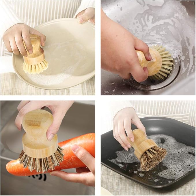 2 Pack Bamboo Dish Scrub Brush, Picowe Natural Scrub Cleaning Brush Vegetable Brush for Dishes Cast Iron Pots Pans, Used in Bathroom Kitchen Sink Household Cleaning