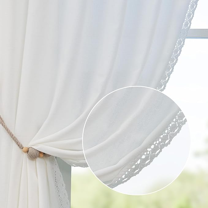 jinchan Linen Curtains for Living Room Bedroom Light Filtering Semi Sheer Curtains Boho Farmhouse French Country Cottage Core Decor Window Drapes Back Tab 84 Inch Length Laced Off White