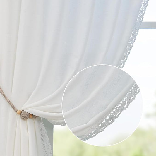 jinchan Linen Curtains for Living Room Bedroom Light Filtering Semi Sheer Curtains Boho Farmhouse French Country Cottage Core Decor Window Drapes Back Tab 84 Inch Length Laced Off White