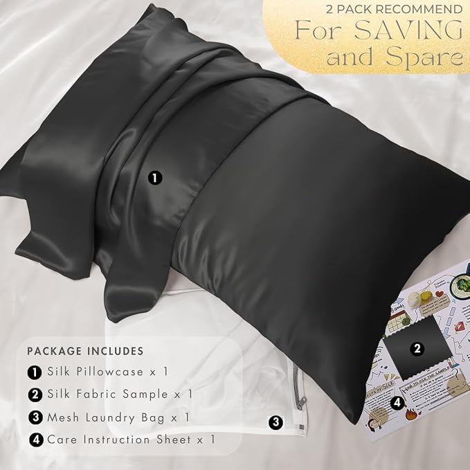 PROMEED Upgraded Grade 6A+ Black Silk Pillowcase with Zipper, 23 Momme Natural Mulberry Silk Pillow Cases for Hair and Skin - Easy Care with Free Laundry Bag (Standard 20"x26", Black)