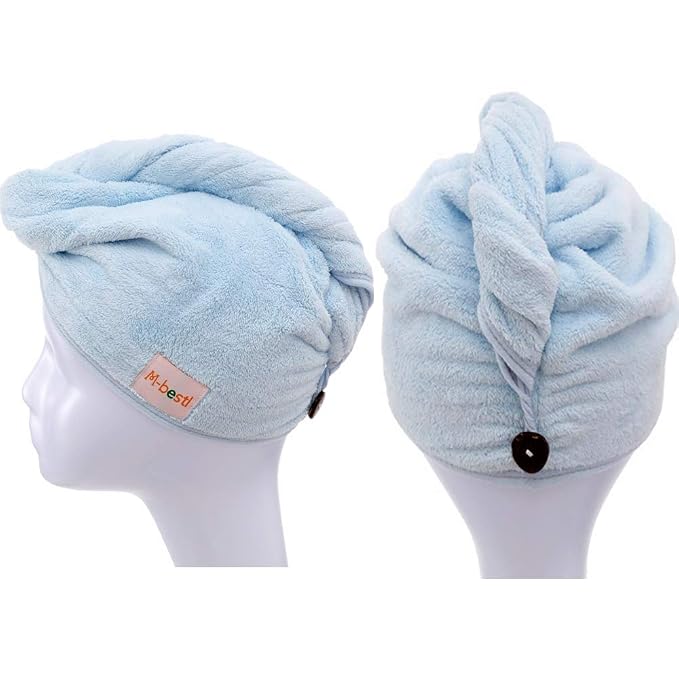 M-bestl 2 Pack Hair Drying Towels, Hair Towel Wrap,Absorbent Microfiber Hair Towel Turban with Button Design to Dry Hair More Quicker(Blue&Dark Gray)