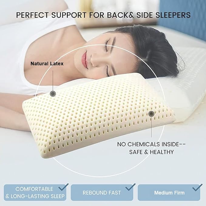 Talatex Latex Pillow, 100% Natural Premium Latex Firm Pillow Medium Low Pofile Helps Relieve Pressure, Neck and Shoulder Pain (Queen, Medium Natural Latex)
