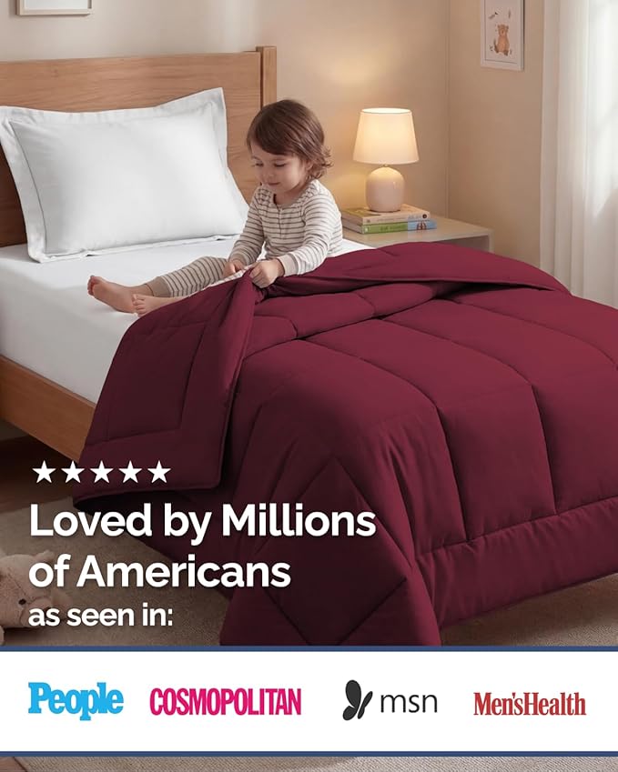 Twin Size, Burgundy Alternative Down Comforter - Warm, Lightweight & Breathable Hotel Quality Bedding Set for Men, Women, Kids & Teens - All Season Oversized Cooling Microfiber Duvet Insert Comforter