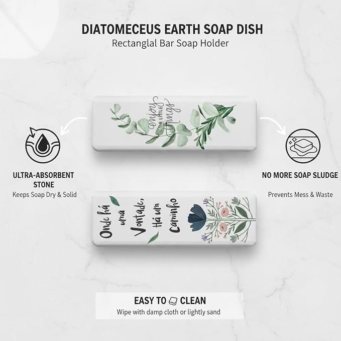 Diatomaceous Earth Soap Dish, Rectangular Stone Bar Soap Holder for Bathroom Sink, Shower Ledge & Kitchen Counter, Absorbent Tray (1 Pack)