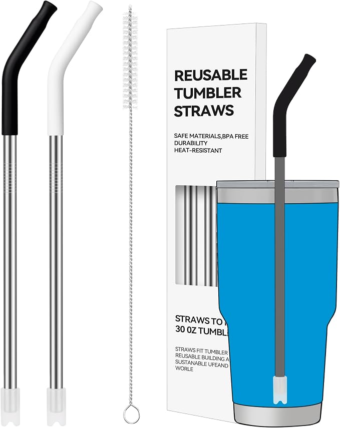 2 PCS 30oz Reusable Straws Ideal for 30oz Stanley Cup & 24oz Tumblers | Stainless Steel Drinking Straw with Anti-Clank Silicone Bottom, Fits Most Medium-Size Mugs
