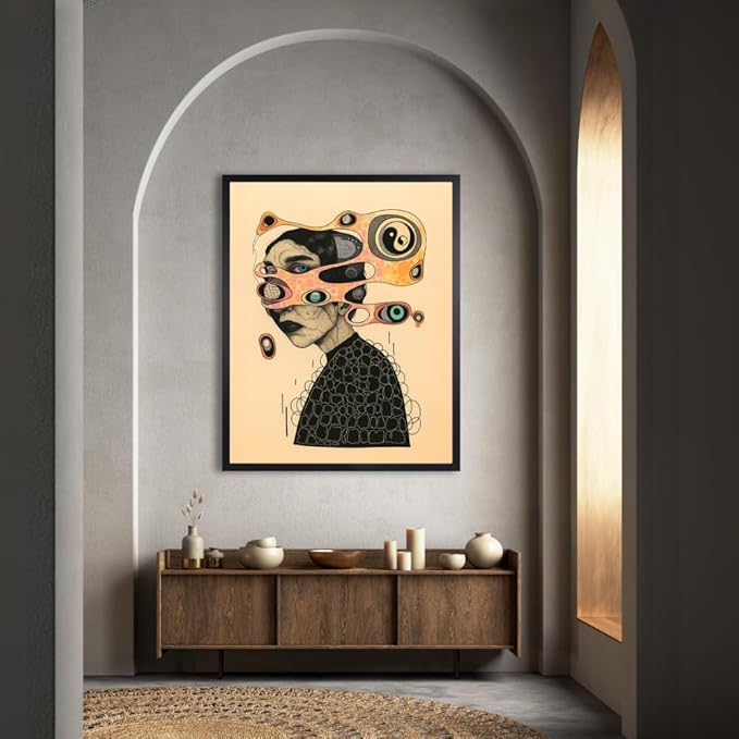 InkFlow Posters Surreal Abstract Portrait Poster - Creative Line Art with Bold Eyes and Geometric Patterns - Modern Graphic Print for Living Room, Bedroom, Office - 16x20 Unframed Canvas Print