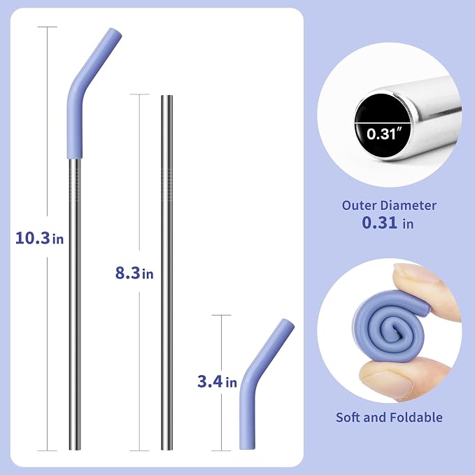 8.5" Metal Straws Reusable for 20 oz Tumbler, 5 Pcs Stainless Steel Drinking Straws for Yeti/RTIC/CIVAGO 20 oz Tumblers, 1 Portable Bag