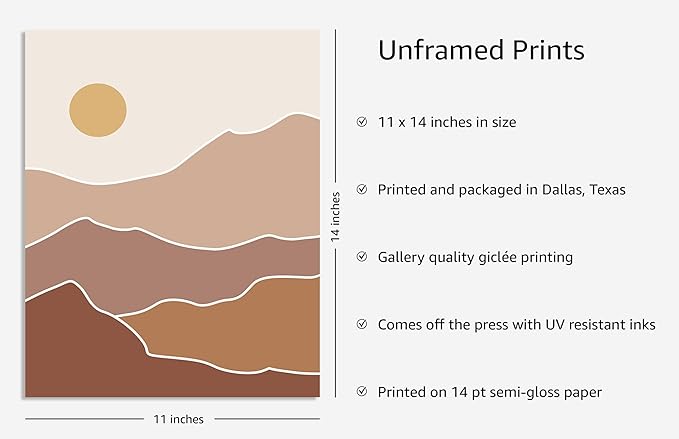 Y2K BOO Abstract Mountain Landscape UNFRAMED Wall Art Sun Rolling Hills Earth Tones Terracotta Mid Century Modern 11x14 Inch Heavyweight Paper Minimalist Studio Decor
