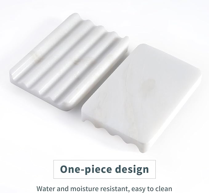 2PCS Koville African Natural Marble Soap Dish for Shower, Stone Soap Tray for Bathroom, Bar Soap Holder for Sink, Stripe Grooves Saver Keep Bars Dry Easy Clean (Namib Bianco)