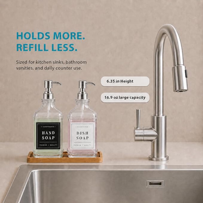 Clear Glass Soap Dispenser Set: Modunful 2 Pack 16.9oz Countertop Soap Dispenser with Bamboo Tray, Silicone Funnel & 60 Waterproof Stickers - for Kitchen Bathroom