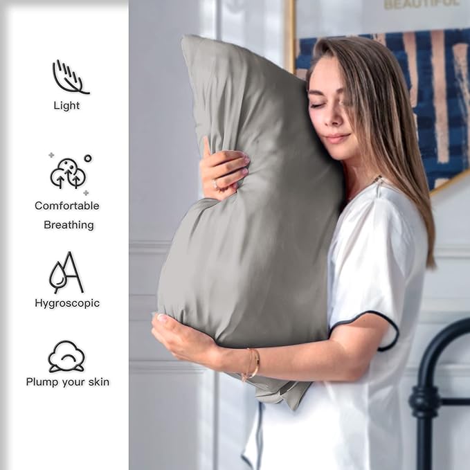 Silk Pillow Cases 2 Pack,Soft Breathable and Sliky Queen Size Pillow Cases Set of 2,Natural Mulberry Silk Pillowcase Set of 2 for Hair and Skin with Hidden Zipper (Gray,20"X 30",2pcs)