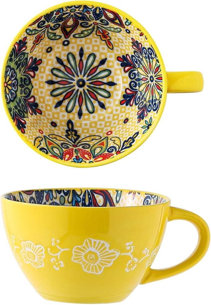Yellow Ceramic Mug, Bohemian Hand-Painted, 15 Oz Large Coffee Cup for Milk, Tea, Breakfast, Dishwasher & Microwave Safe Cup