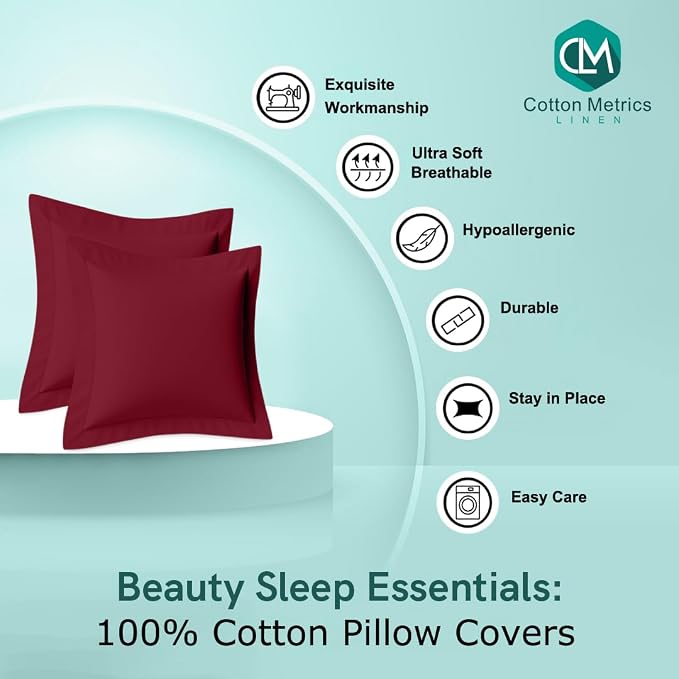 2 Pack Euro Pillow Shams 28x28 – 600 Thread Count 100% Organic Cotton Burgundy Square Pillow Covers with 2 Inch Flange, Soft & Smooth Premium Hotel-Quality Pillowcases Set of 2