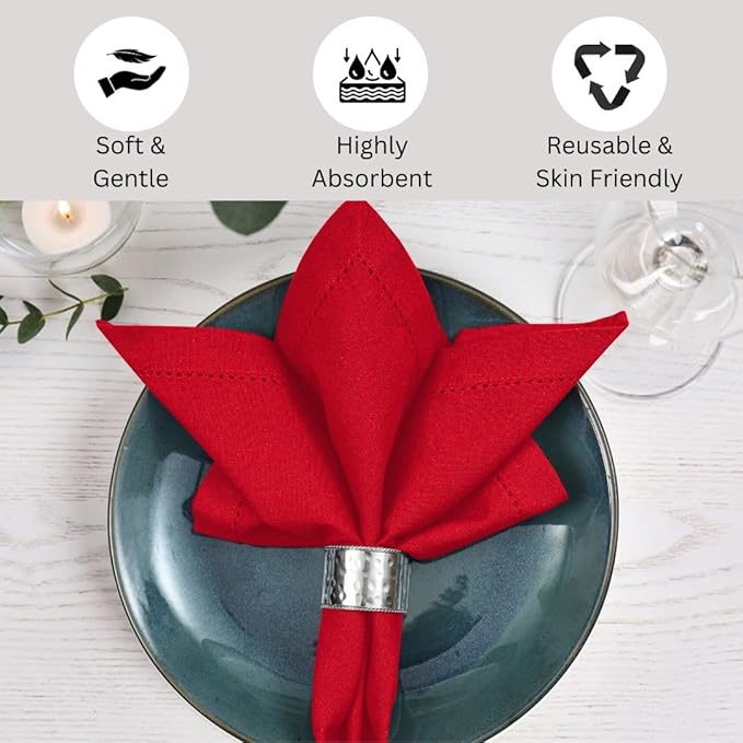 Hemstitch Cloth Dinner Napkins 100% Cotton Set of 12 - for Dining Special Occasions Weddings Parties Holidays Easter - Soft Durable Reusable - Elegant 18x18 Inch Table Cloth Napkins Red
