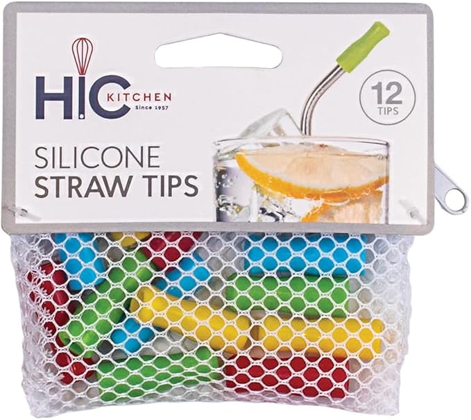 HIC Kitchen Silicone Straw Tips with Zipper Mesh Storage Bag, Reusable, Set of 24 Tips
