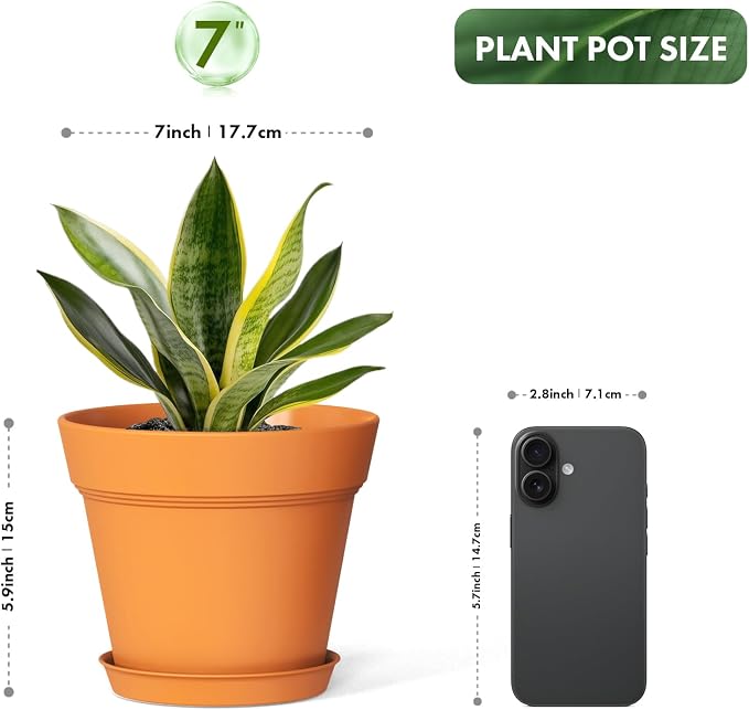 WSMKSZ 7 Inch Thick Plastic Plant Pots with Drainage Holes and Trays – 6 Pack Nursery Pots for Indoor & Outdoor House Plants, Seedling Starter Planters for Garden Flowers, Terracotta