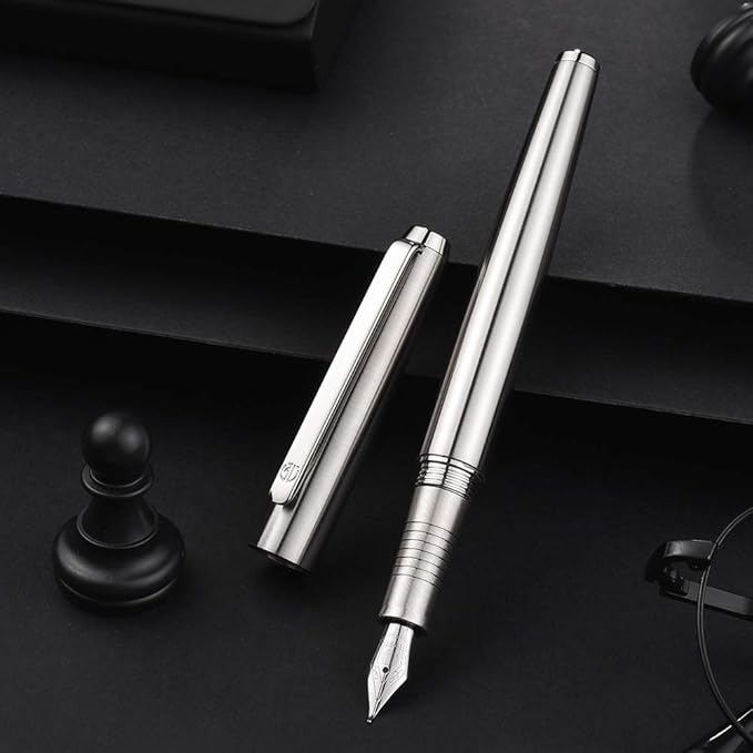 Lanxivi Stainless Steel Fountain Pen Bent Nib Art Drawing Calligraphy Fude Pen Metal Box