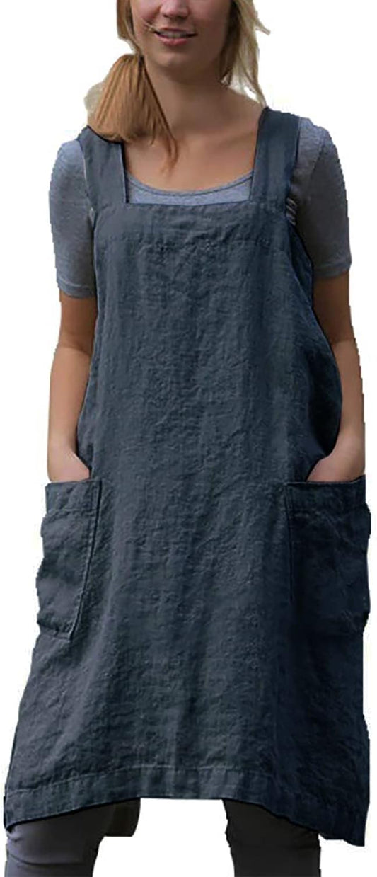 Cotton Linen Apron Cross Back Apron for Women with Pockets Pinafore Dress for Baking Cooking