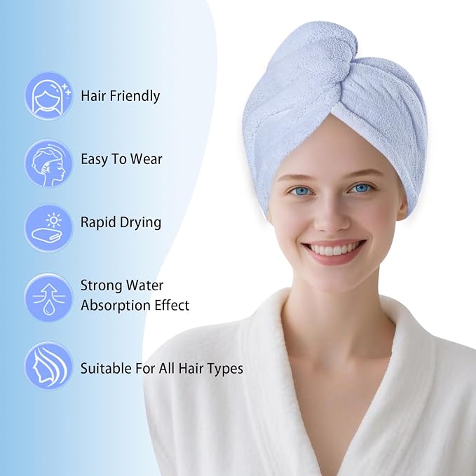 1 Pack Single Layer Light Blue Microfiber Hair Drying Towel Wrap for Women, Hair Turbans Towel for Wet Hair,Turbie Twist Hair Towels (Light Blue Color - Single Layer)