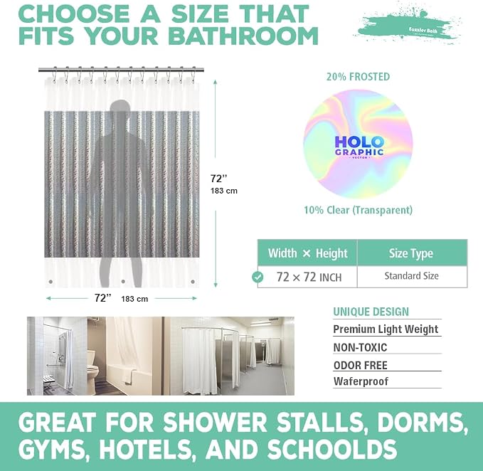 Holographic 3D EVA Shower Curtain Liner Circle, 72x72 Premium Clear Plastic Bathroom Shower Curtain with Rustproof Metal Grommets for Shower Stall, Bathtubs