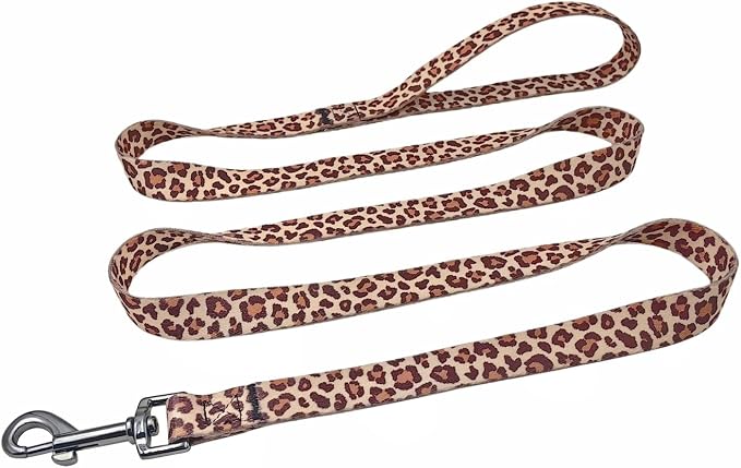 Dog Collar Leash Set, Leopard Pattern, Polyester Material, Adjustable Collar and 5ft Matching Leash, for Medium Dogs.(M, Light Coffee Leopard)
