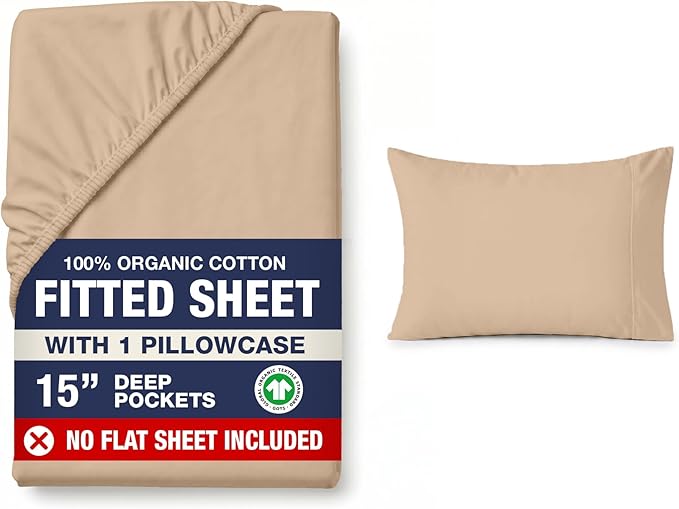 LANE LINEN Twin Fitted Sheet Set (No Flat Sheet) - 100% Organic Cotton Soft & Breathable Percale Weave Fitted Sheet Set For Added Comfort - 15'' Deep Pocket For Snug Fit - GOTS Certified - Taupe